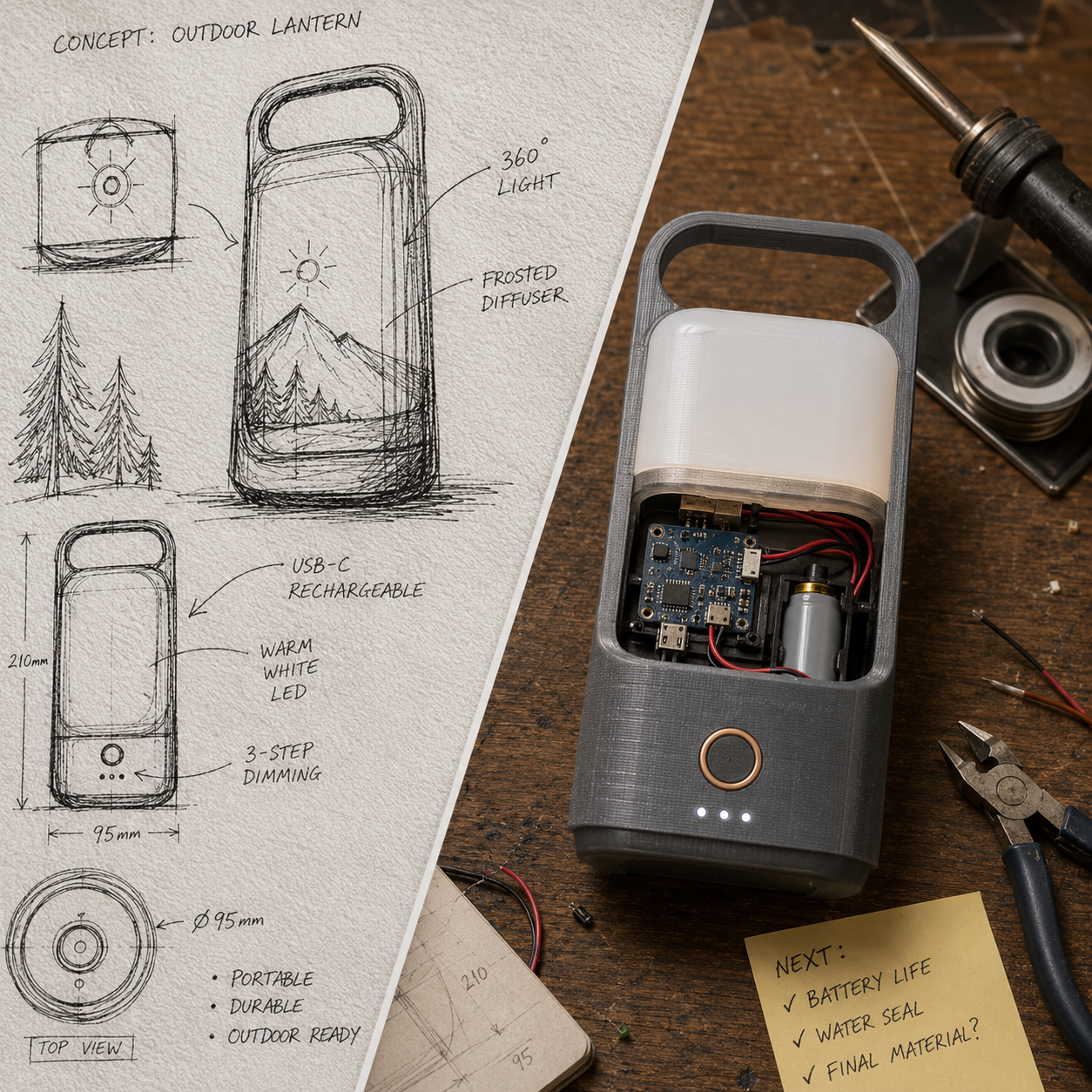 An outdoor lantern concept — from napkin sketch to a working 3D-printed prototype